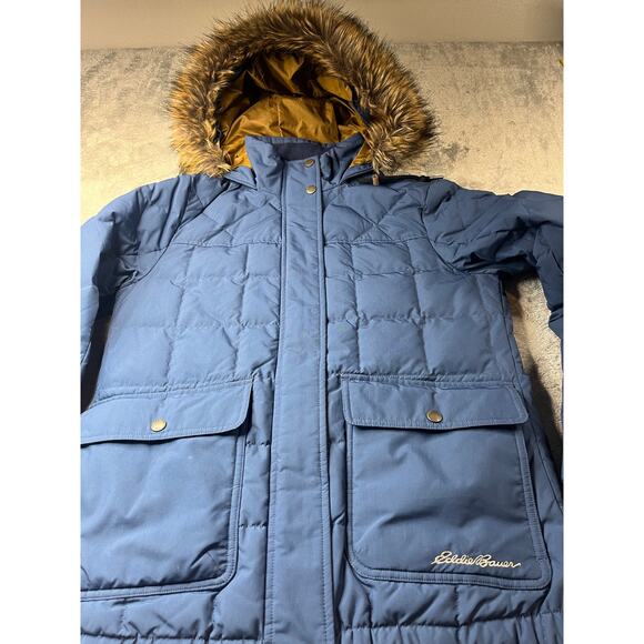 Eddie Bauer Goose‎ Down Blue Hooded Fur Winter Parka Coat Size Small - Picture 3 of 9